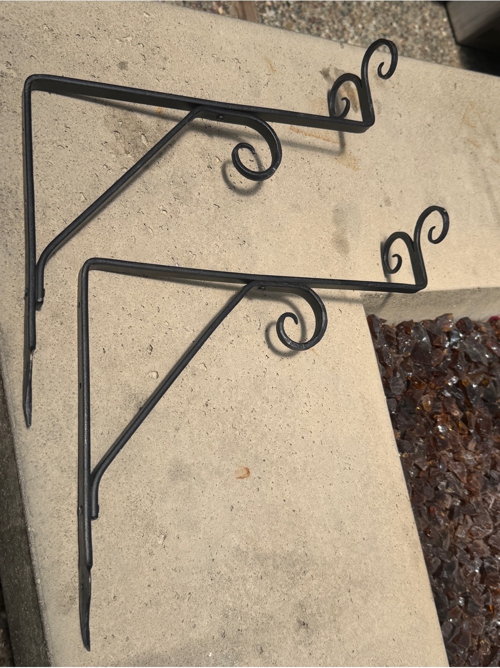 Set of 2 Rustic Brown Cast Iron Scroll Wall Shelf Brackets / Plant Hangers